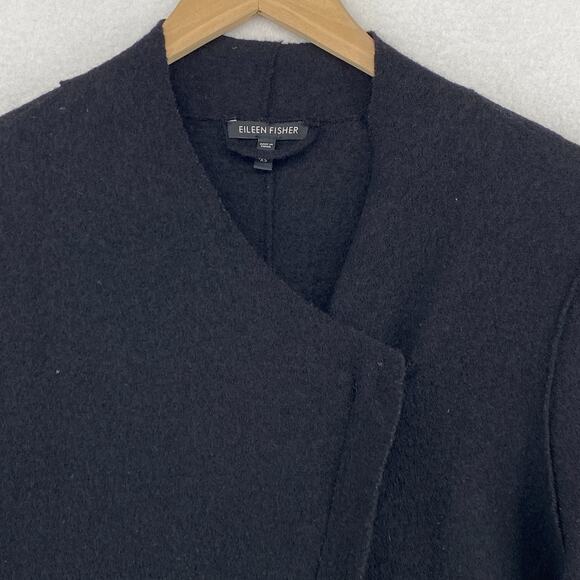 EILEEN FISHER Jacket XS Boiled Merino Wool Mid Length Coat Asymmetric Zip Black - Picture 4 of 12